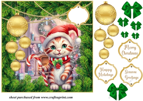 Christmas kitten with hanging baubles card front 10