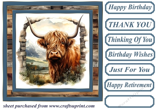Blue framed Highland cow card front 1