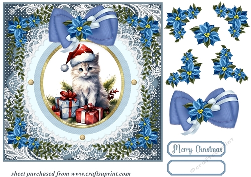 Blue Christmas cat card front 1
