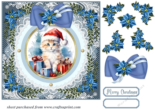 Blue Christmas cat card front 3