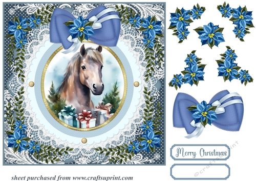 Blue Christmas horse card front 1