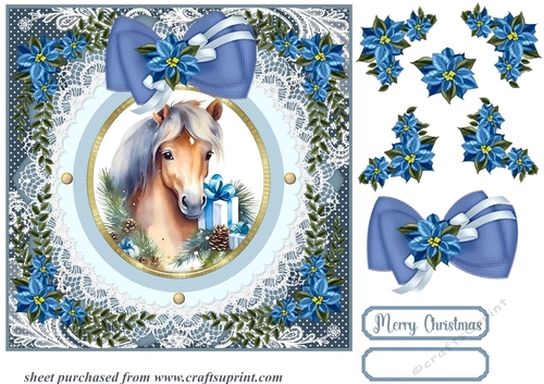 Blue Christmas horse card front 2