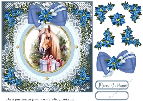 Blue Christmas horse card front 3