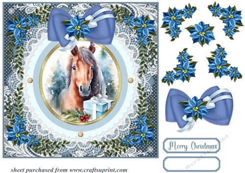 Blue Christmas horse card front 4