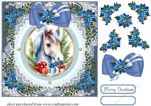 Blue Christmas horse card front 5