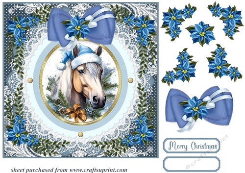 Blue Christmas horse card front 6