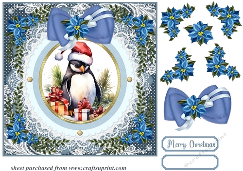 Blue Christmas penguin card front 1