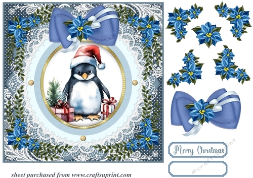 Blue Christmas penguin card front 2
