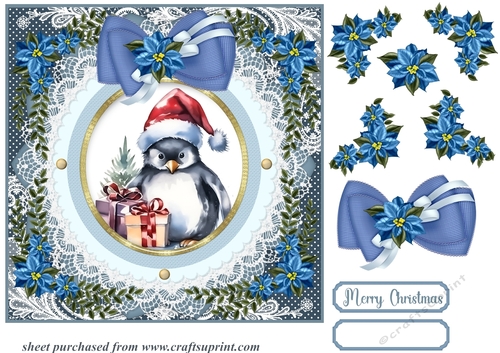 Blue Christmas penguin card front 4