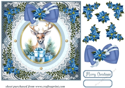 Blue Christmas reindeer card front 1
