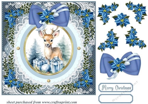 Blue Christmas reindeer card front 2