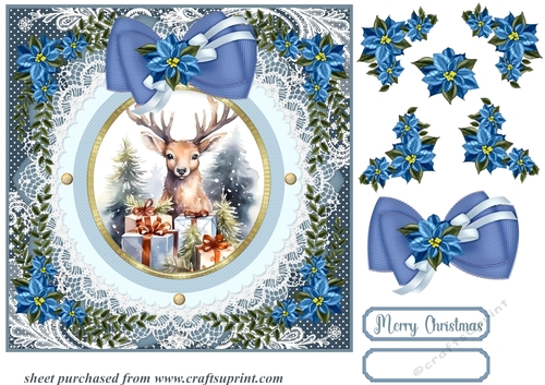 Blue Christmas reindeer card front 3