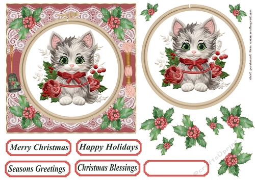 Christmas embroidered kitten card front 1