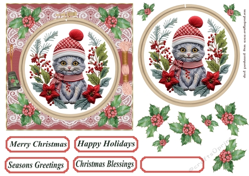 Christmas embroidered kitten card front 2