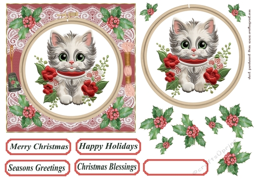 Christmas embroidered kitten card front 3