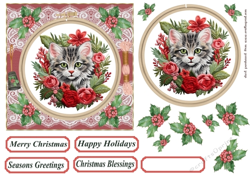 Christmas embroidered kitten card front 4