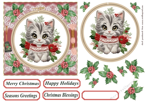 Christmas embroidered kitten card front 5