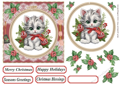 Christmas embroidered kitten card front 6