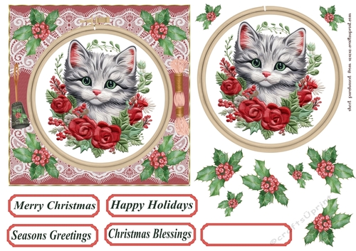 Christmas embroidered kitten card front 7