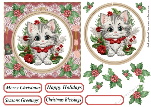 Christmas embroidered kitten card front 8