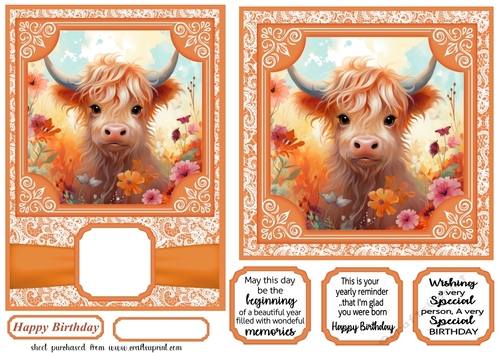 5x7 and 6x6 aprox Orange highland cow card fronts