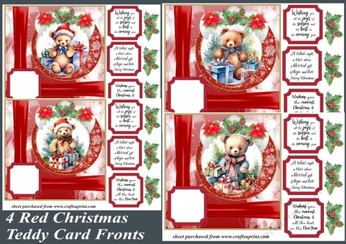 4 Red Christmas teddy card front kit