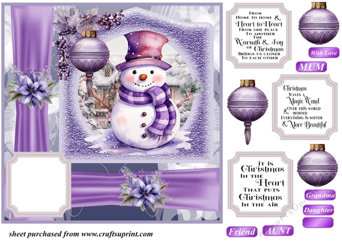 Purple Christmas snowman card front 1