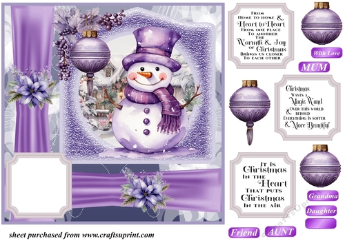 Purple Christmas snowman card front 2