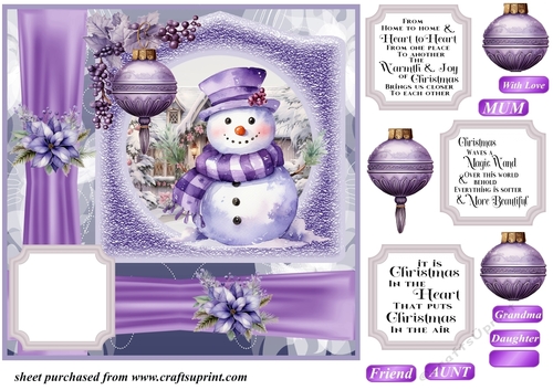Purple Christmas snowman card front 3