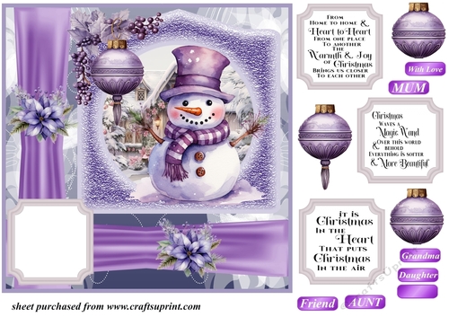 Purple Christmas snowman card front 4