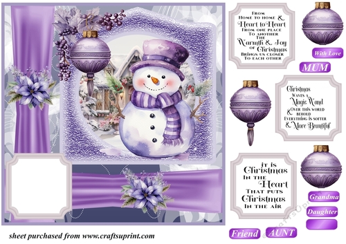 Purple Christmas snowman card front 5