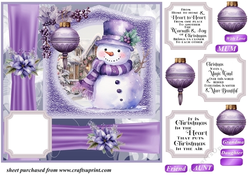 Purple Christmas snowman card front 6