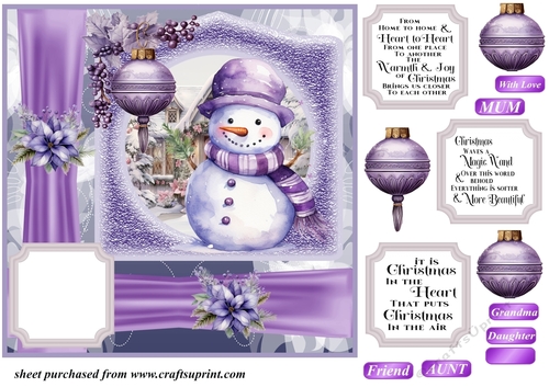 Purple Christmas snowman card front 7