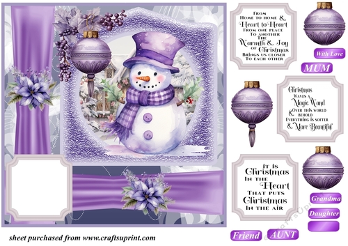 Purple Christmas snowman card front 8