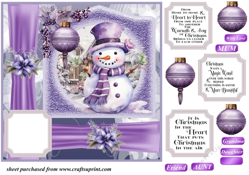 Purple Christmas snowman card front 9