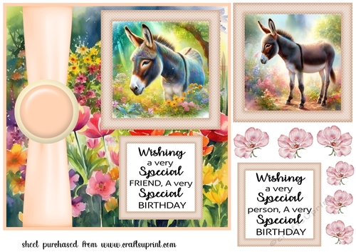 Cute donkey in garden card front 1