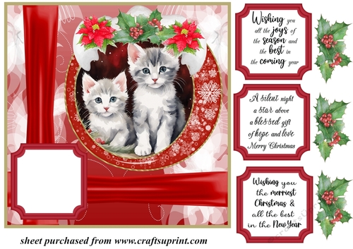 Red Christmas kittens card front 1
