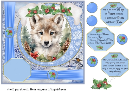 Blue Christmas wolf card front 1