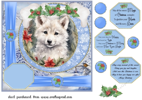 Blue Christmas wolf card front 2