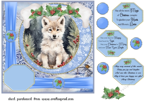 Blue Christmas wolf card front 3
