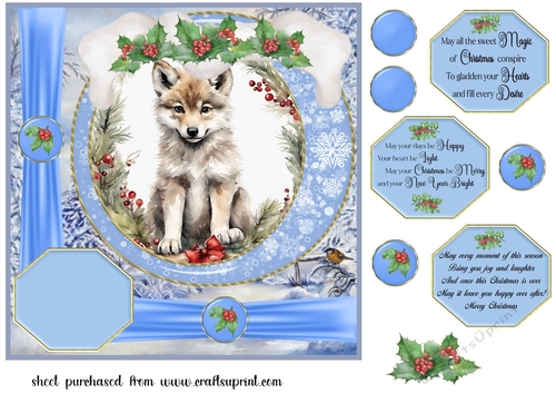 Blue Christmas wolf card front 4
