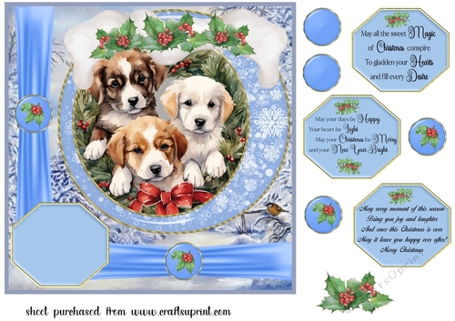 Blue Christmas puppies card front 1
