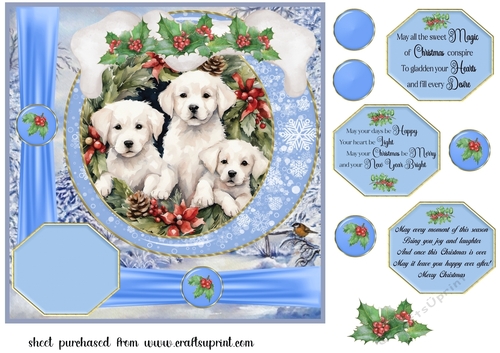 Blue Christmas puppies card front 2