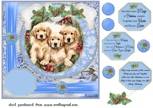 Blue Christmas puppies card front 3