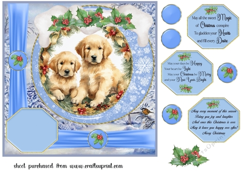 Blue Christmas puppies card front 4