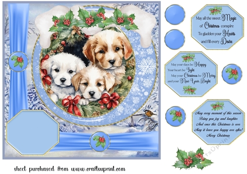 Blue Christmas puppies card front 5
