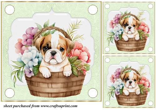 3 Green floral pup in basket card front/toppers 2