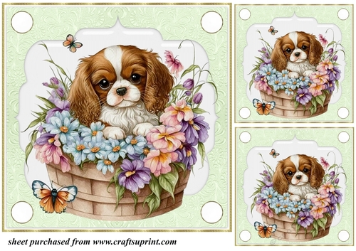3 Green floral pup in basket card front/toppers 3