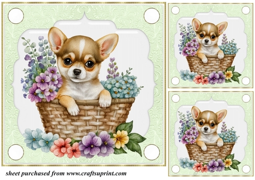 3 Green floral pup in basket card front/toppers 4