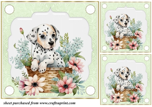 3 Green floral pup in basket card front/toppers 6